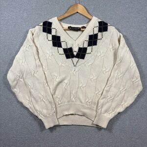 Vintage 90s New River J Riggins Argyle Cable Knit V Neck Sweater Mens M Cream